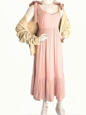 Dusty Rose Bow Strap Maxi Dress Small Cottagecore Babydoll Coquette NWOT